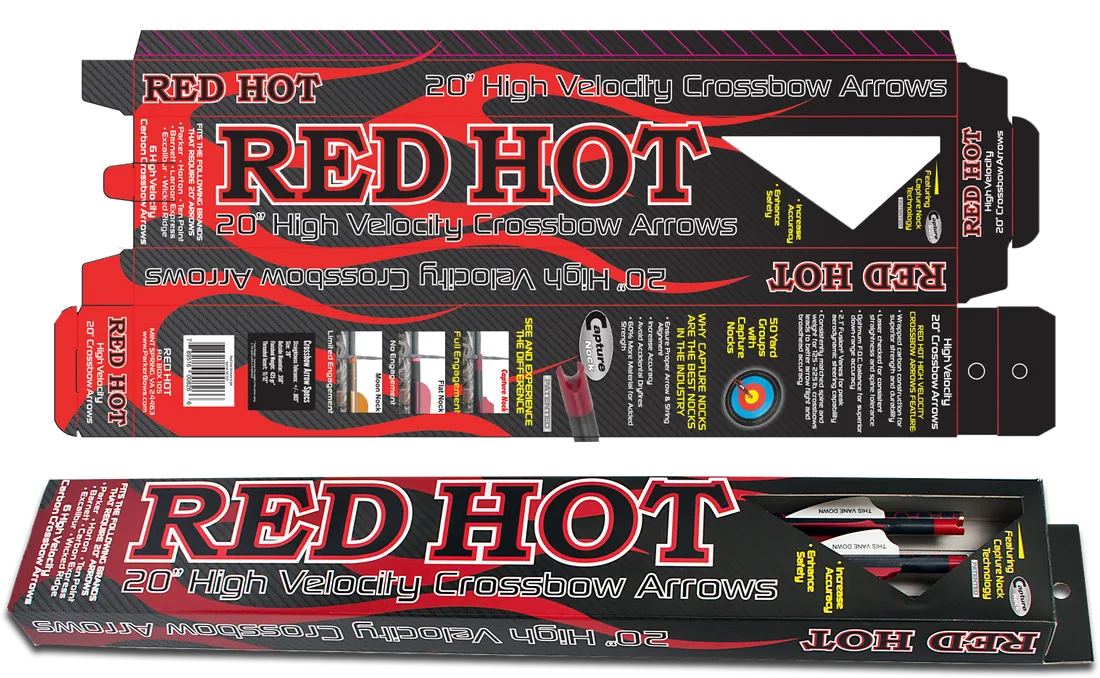 The printed RED HOT arrow box, flat and assembled, with the triangular window
