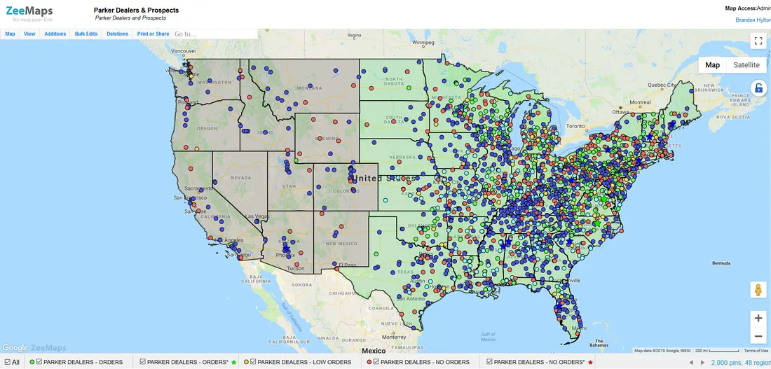 Prospect database map of dealers and prospects